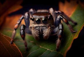 illustration of a jumping spider sitting on a leaf and looking at the camera, in the style of dark brown and gray, exaggerated facial features, heywood hardy photo