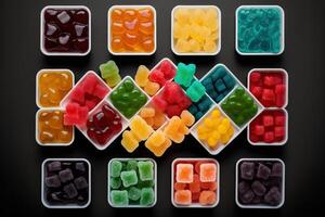 illustration of vast array of different gummy bear flavors in open square containers photo