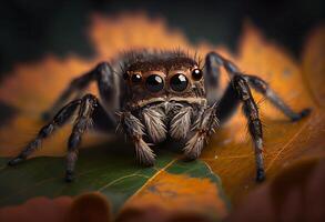 illustration of a jumping spider sitting on a leaf and looking at the camera, in the style of dark brown and gray, exaggerated facial features, heywood hardy photo