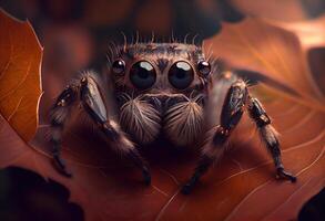 generativo ai ilustración de un saltando araña sentado en un hoja y mirando a el cámara, en el estilo de oscuro marrón y gris, exagerado facial características, heywood resistente foto