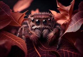 illustration of a jumping spider sitting on a leaf and looking at the camera, in the style of dark brown and gray, exaggerated facial features, heywood hardy photo