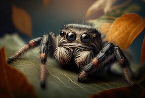 illustration of a jumping spider sitting on a leaf and looking at the camera, in the style of dark brown and gray, exaggerated facial features, heywood hardy photo