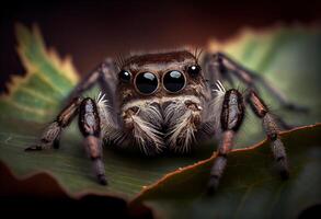 illustration of a jumping spider sitting on a leaf and looking at the camera, in the style of dark brown and gray, exaggerated facial features, heywood hardy photo