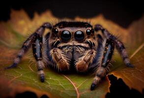 illustration of a jumping spider sitting on a leaf and looking at the camera, in the style of dark brown and gray, exaggerated facial features, heywood hardy photo