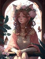 illustration of a portrait of a girl with flowers in her hair sits in an arbor, in the style of whimsical cats, hall of mirrors, dark pink and light brown, romantic academia photo