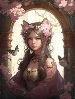 illustration of a portrait of a girl with flowers in her hair sits in an arbor, in the style of whimsical cats, hall of mirrors, dark pink and light brown, romantic academia photo