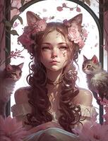 illustration of a portrait of a girl with flowers in her hair sits in an arbor, in the style of whimsical cats, hall of mirrors, dark pink and light brown, romantic academia photo