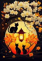 illustration of abstract design chinese new year, cats, spring colors, lantern, yellow Apricot blossom , surreal fantasy, chinese new year. photo