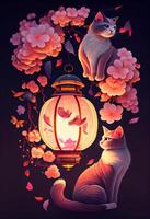 illustration of abstract design chinese new year, cats, spring colors, cute zodiac kitty cat with lanterns and cherry blossoms in background, chinese new year photo