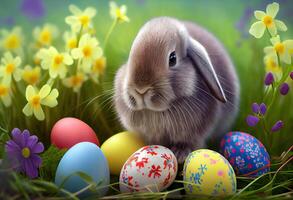 Generative AI illustration of cute baby rabbit as easter bunny sitting in easter egg as easter under tree, background wallpaper design photo