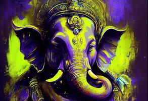 illustration of Ganesha Hindu God , with flowers, oil painting taken up into heaven, sitting in front of bokeh mandala background photo