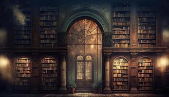 illustration of old library or bookshop with many books on shelves photo