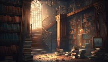 illustration of old library or bookshop with many books on shelves photo