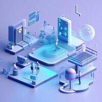 illustration of 3D miniature scene that embodies the concept of technology and humanities fusion within a smart community. Incorporate elements photo