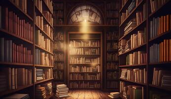 illustration of old library or bookshop with many books on shelves photo