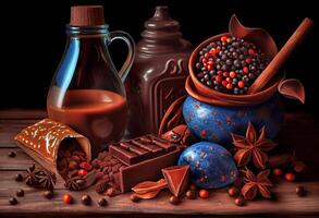 generativo ai ilustración de canela, oscuro chocolate con Leche y caramelo dulce, Copiar espacio, selectivo atención foto