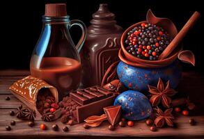 illustration of Cinnamon, Dark chocolate with milk and candy sweet, copy space, selective focus photo