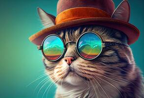 illustration of closeup portrait of funny cat wearing sunglasses and hat, isolated on pastel background. surreal fantasy, copyspace photo