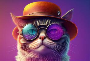 illustration of closeup portrait of funny cat wearing sunglasses and hat, isolated on pastel background. surreal fantasy, copyspace photo