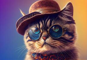 illustration of closeup portrait of funny cat wearing sunglasses and hat, isolated on pastel background. surreal fantasy, copyspace photo
