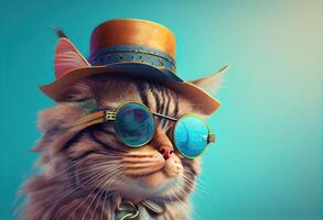 illustration of closeup portrait of funny cat wearing sunglasses and hat, isolated on pastel background. surreal fantasy, copyspace photo