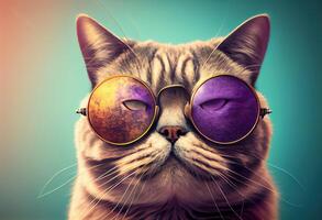 illustration of closeup portrait of funny cat wearing sunglasses isolated on pastel background. surreal fantasy, copyspace photo