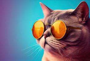 illustration of closeup portrait of funny cat wearing sunglasses isolated on pastel background. surreal fantasy, copyspace photo