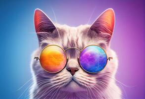 illustration of closeup portrait of funny cat wearing sunglasses isolated on pastel background. surreal fantasy, copyspace photo