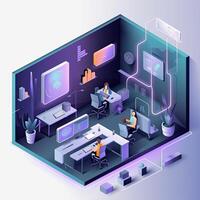 illustration of 3D isometric illustration of our futuristic web agency office, showcasing the high tech and modern design of our workplace photo