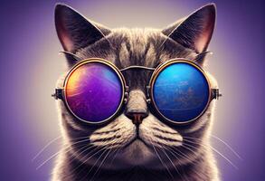 generativo ai ilustración de de cerca retrato de gracioso gato vistiendo Gafas de sol aislado en pastel antecedentes. surrealista fantasía, copyspace foto