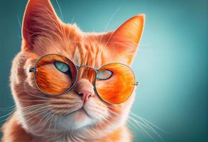 illustration of closeup portrait of funny cat wearing sunglasses isolated on pastel background. surreal fantasy, copyspace photo