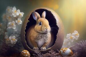 generativo ai ilustración de linda bebé Conejo como Pascua de Resurrección conejito sentado en Pascua de Resurrección huevo como Pascua de Resurrección debajo árbol, antecedentes fondo de pantalla diseño foto