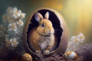 illustration of cute baby rabbit as easter bunny sitting in easter egg as easter under tree, background wallpaper design photo