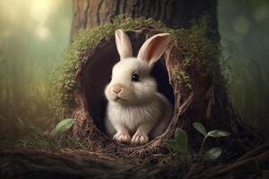 illustration of cute baby rabbit as easter bunny sitting in easter egg as easter under tree, background wallpaper design photo