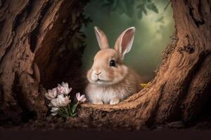 illustration of cute baby rabbit as easter bunny sitting in easter egg as easter under tree, background wallpaper design photo