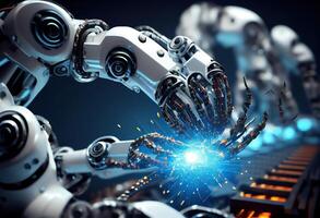 illustration of smart factory, robotic arm, industry 5.0, car assembly line, car manufacturer, 3D Robot automated team working, future process futuristic industry engineering background photo