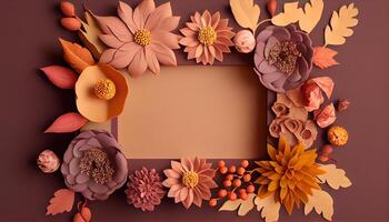 illustration of fall flower frame on pastel brown background copy space flat lay mock up photo