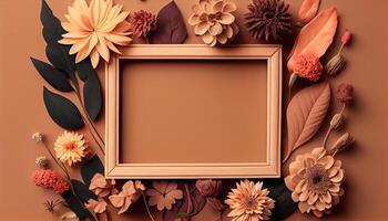 illustration of fall flower frame on pastel brown background copy space flat lay mock up photo
