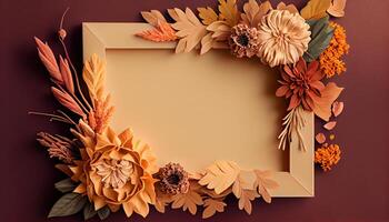 illustration of fall flower frame on pastel brown background copy space flat lay mock up photo