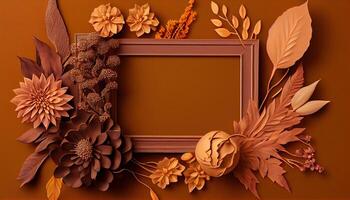 illustration of fall flower frame on pastel brown background copy space flat lay mock up photo