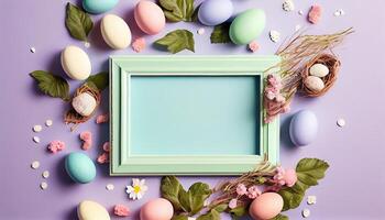 Generative AI illustration of easter eggs frame on pastel background copy space flat lay mock up photo