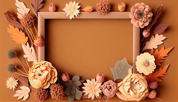 illustration of fall flower frame on pastel brown background copy space flat lay mock up photo