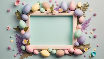 illustration of easter eggs frame on pastel background copy space flat lay mock up photo