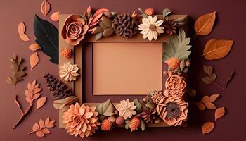 illustration of fall flower frame on pastel brown background copy space flat lay mock up photo