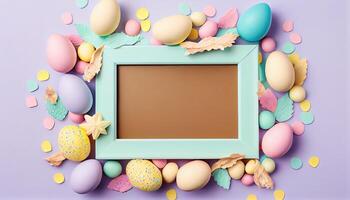 illustration of easter eggs frame on pastel background copy space flat lay mock up photo