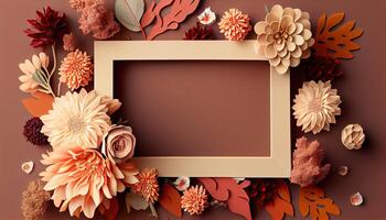 illustration of fall flower frame on pastel brown background copy space flat lay mock up photo