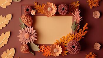 illustration of fall flower frame on pastel brown background copy space flat lay mock up photo