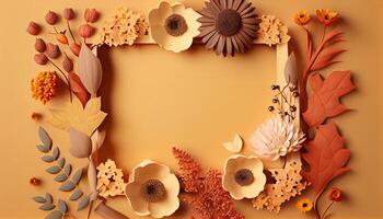 illustration of fall flower frame on pastel brown background copy space flat lay mock up photo