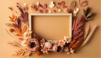 illustration of fall flower frame on pastel brown background copy space flat lay mock up photo