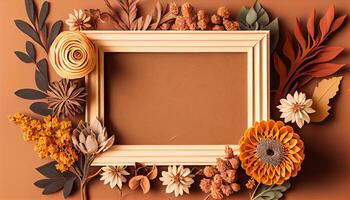 illustration of fall flower frame on pastel brown background copy space flat lay mock up photo